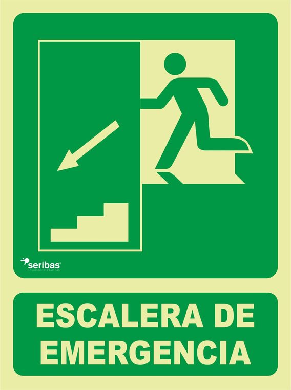 Señal de señales de evacuación EV009: ESCALERA DE EMERGENCIA FLECHA ABAJO IZQUIERDA