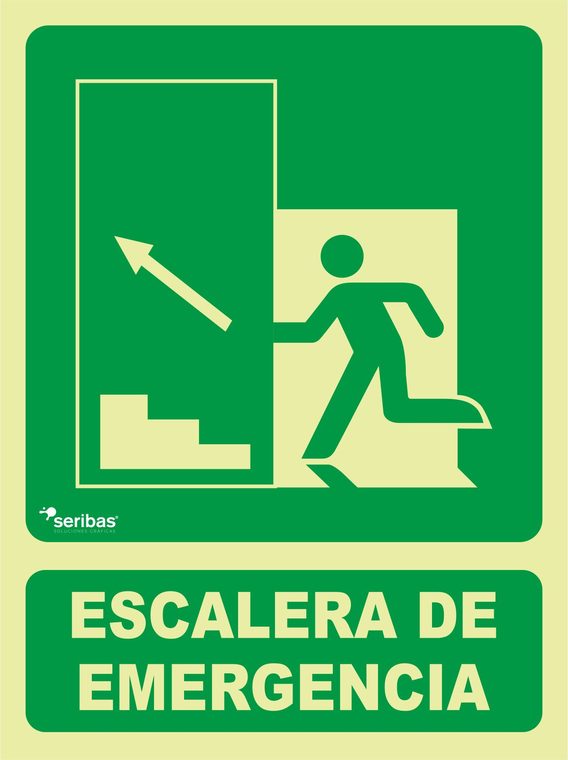 Señal de señales de evacuación EV011: ESCALERA DE EMERGENCIA FLECHA ARRIBA IZQUIERDA