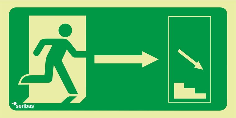Señal de señales de evacuación EV017: FLECHA ABAJO IZQUIERDA ESCALERA DE EMERGENCIA