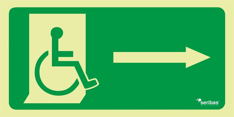 Señal de señales de evacuación EV021: SILLA DE RUEDAS Y FLECHA DERECHA