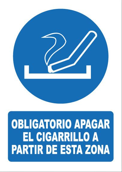 Señal de señales de obligación OB028: OBLIGATORIO APAGAR CIGARRILLO A PARTIR DE ESTA ZONA