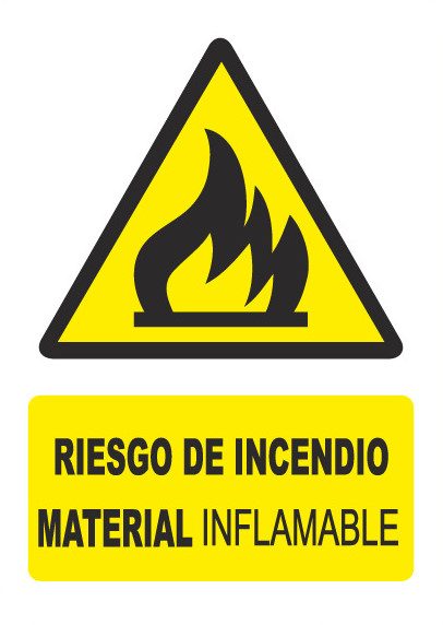 Señal de señales de peligro PG009: RIESGO DE INCENDIO MATERIAL INFLAMABLE
